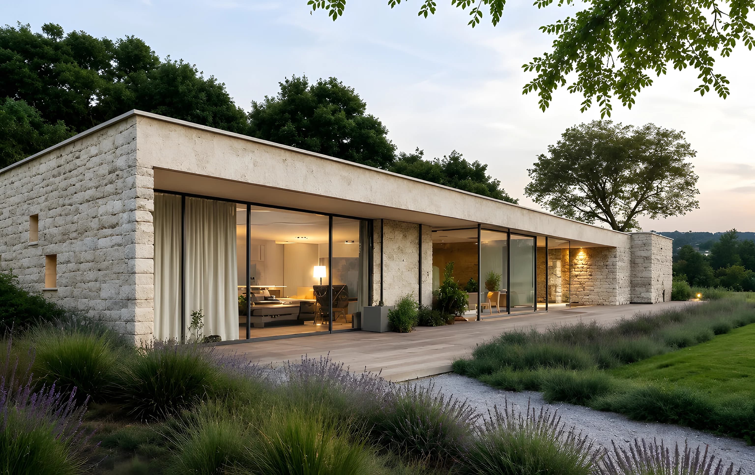 Stone and glass residence at dusk